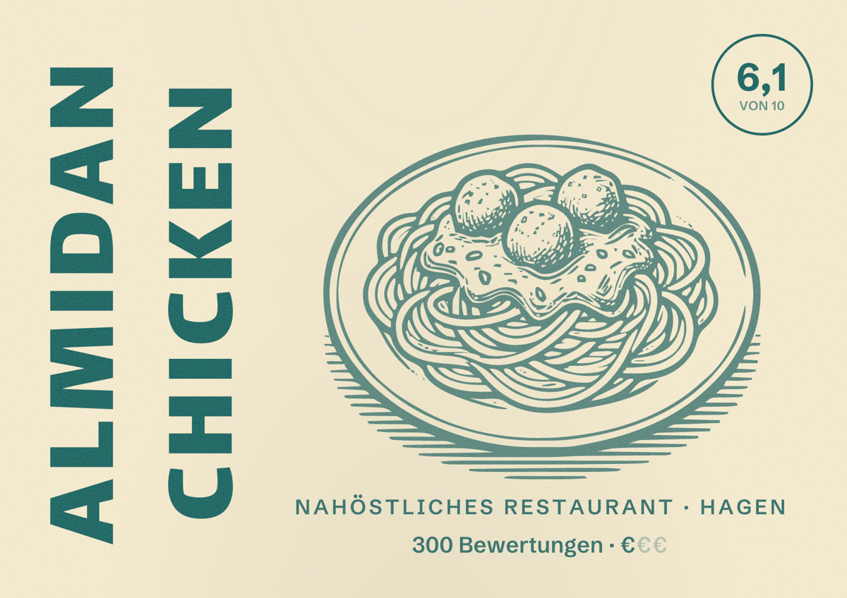 Illustriertes Poster von Almidan Chicken, Nahöstliches Restaurant in Hagen: Bewertung 6,1 von 10 aus 300 Bewertungen, Preisniveau €