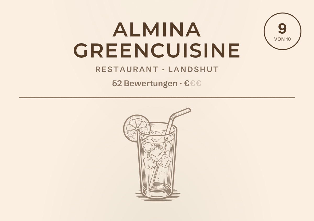 Illustriertes Poster von almiNa GreenCuisine, Restaurant in Landshut: Bewertung 9 von 10 aus 52 Bewertungen, Preisniveau €