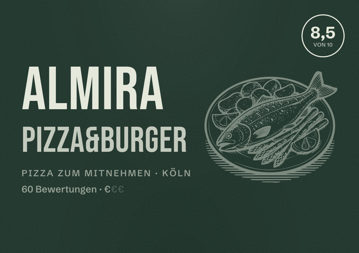 Illustriertes Poster von Almira Pizza&Burger, Pizza zum Mitnehmen in Köln: Bewertung 8,5 von 10 aus 60 Bewertungen, Preisniveau €