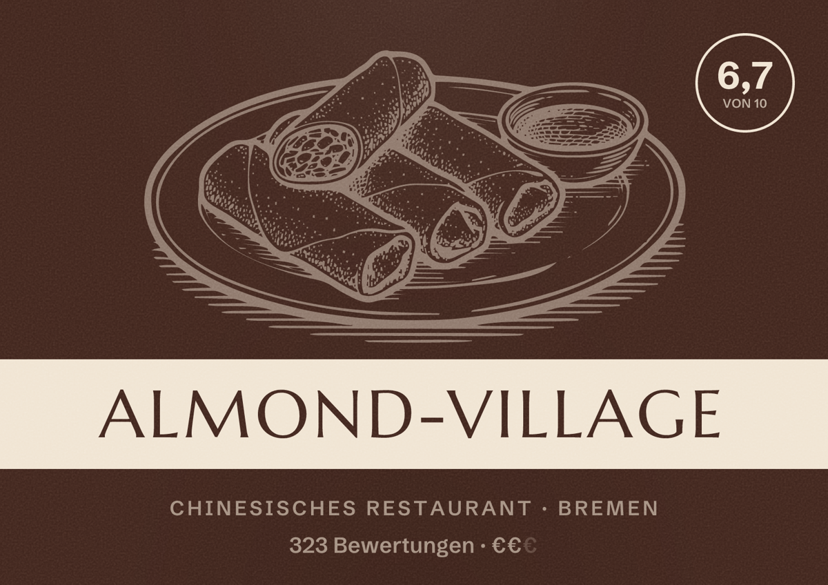 Illustriertes Poster von Almond-Village, Chinesisches Restaurant in Bremen: Bewertung 6,7 von 10 aus 323 Bewertungen, Preisniveau €€