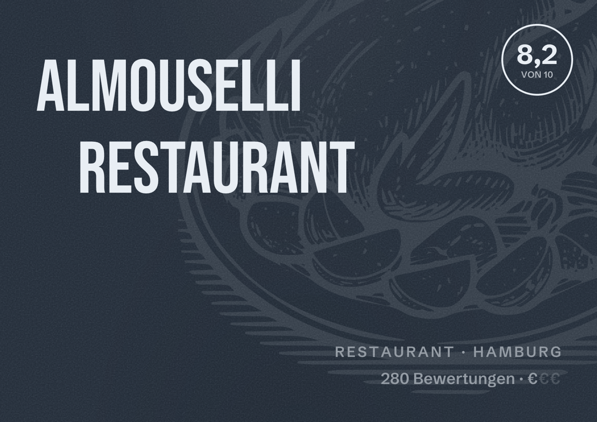 Illustriertes Poster von ALmouselli Restaurant, Restaurant in Hamburg: Bewertung 8,2 von 10 aus 280 Bewertungen, Preisniveau €