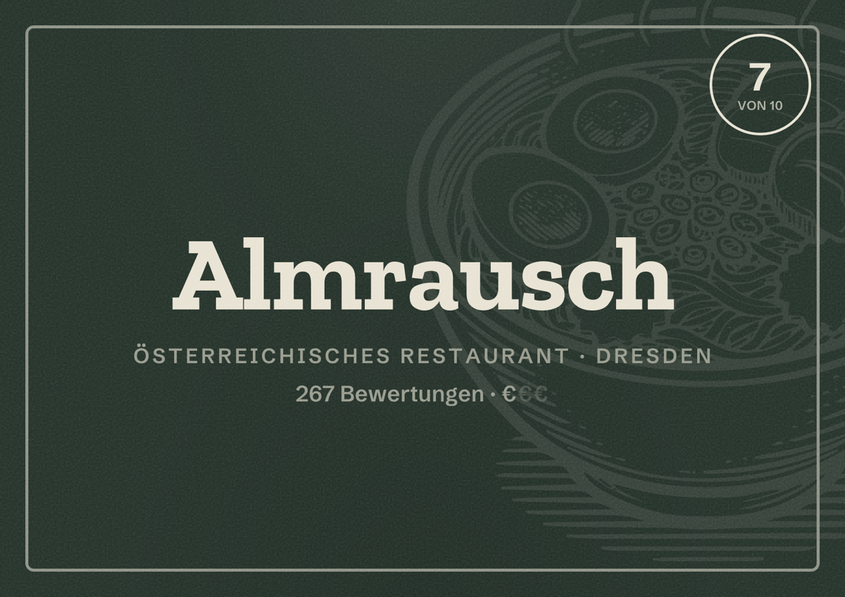 Illustriertes Poster von Almrausch, Österreichisches Restaurant in Dresden: Bewertung 7,0 von 10 aus 267 Bewertungen, Preisniveau €