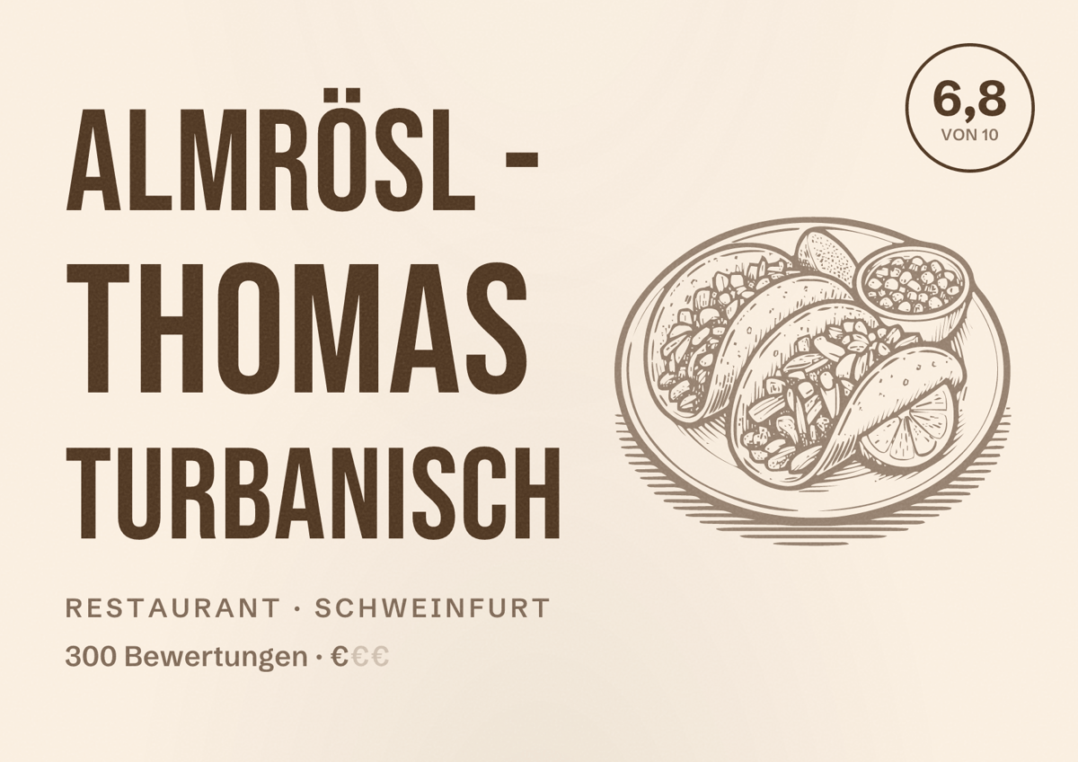 Illustriertes Poster von Almrösl - Thomas Turbanisch, Restaurant in Schweinfurt: Bewertung 6,8 von 10 aus 300 Bewertungen, Preisniveau €