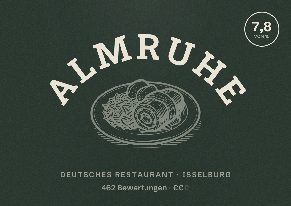 Illustriertes Poster von AlmRuhe, Deutsches Restaurant in Isselburg: Bewertung 7,8 von 10 aus 462 Bewertungen, Preisniveau €€