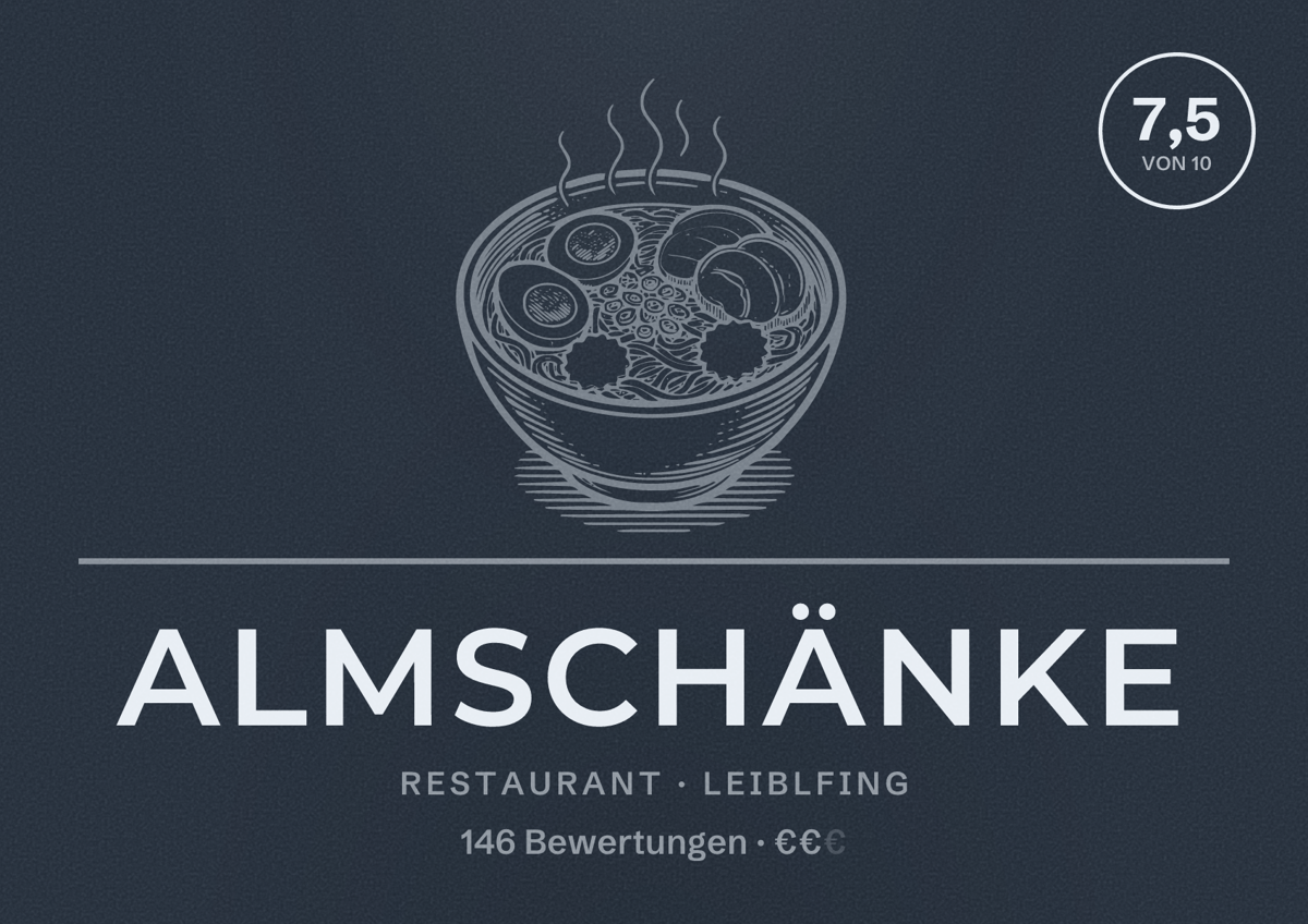 Illustriertes Poster von Almschänke, Restaurant in Leiblfing: Bewertung 7,5 von 10 aus 146 Bewertungen, Preisniveau €€