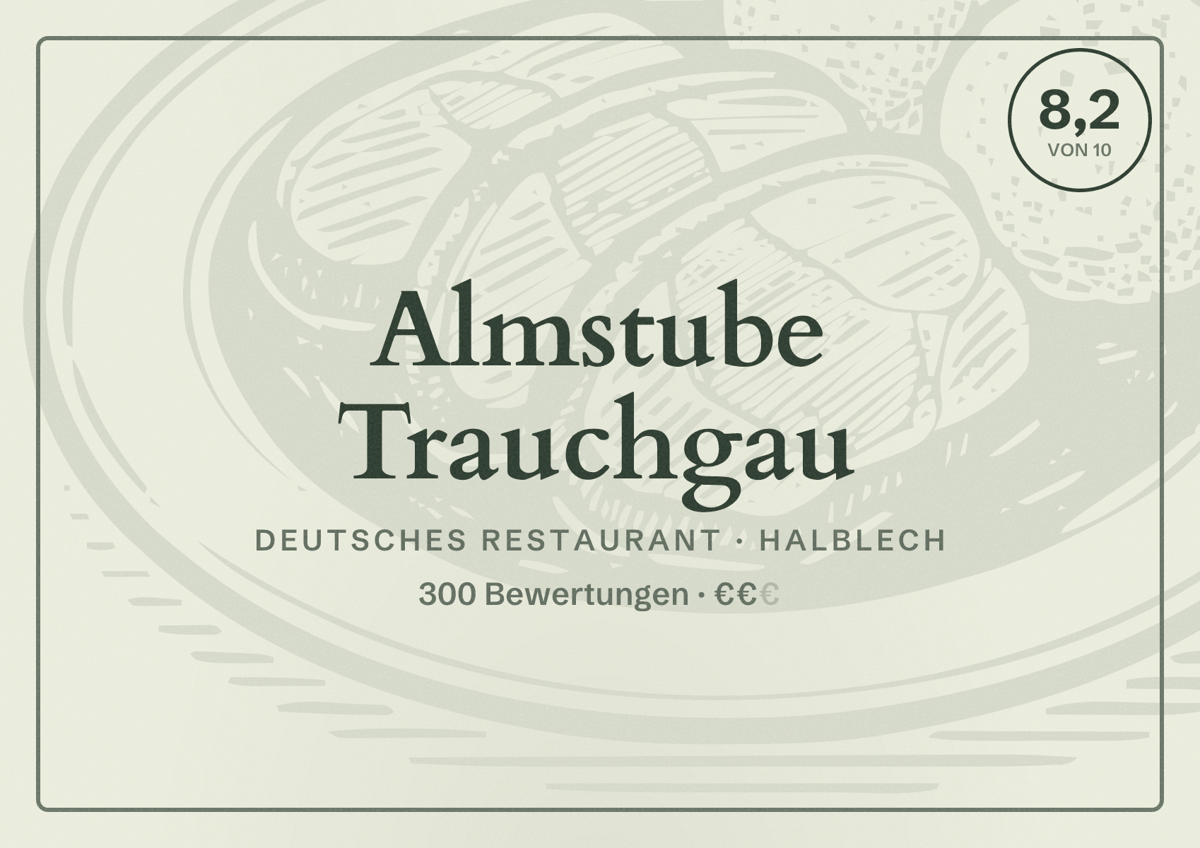 Illustriertes Poster von Almstube Trauchgau, Deutsches Restaurant in Halblech: Bewertung 8,2 von 10 aus 300 Bewertungen, Preisniveau €€