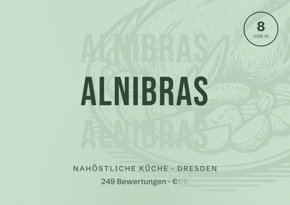 Illustriertes Poster von Alnibras, Nahöstliche Küche in Dresden: Bewertung 8,0 von 10 aus 249 Bewertungen, Preisniveau €