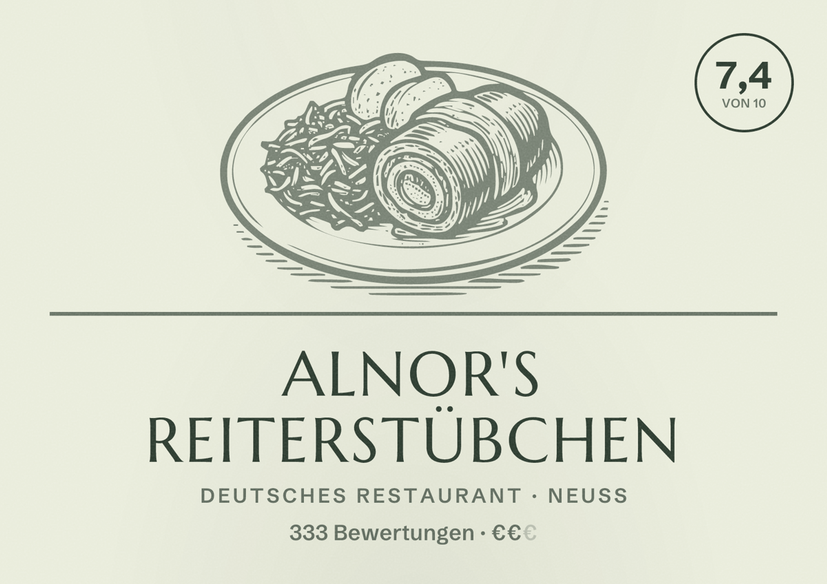 Illustriertes Poster von Alnor's Reiterstübchen, Deutsches Restaurant in Neuss: Bewertung 7,4 von 10 aus 333 Bewertungen, Preisniveau €€