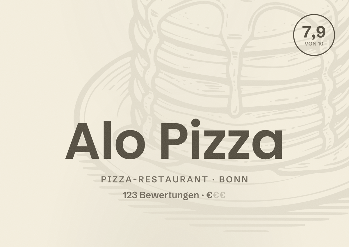 Illustriertes Poster von Alo Pizza, Pizza-Restaurant in Bonn: Bewertung 7,9 von 10 aus 123 Bewertungen, Preisniveau €