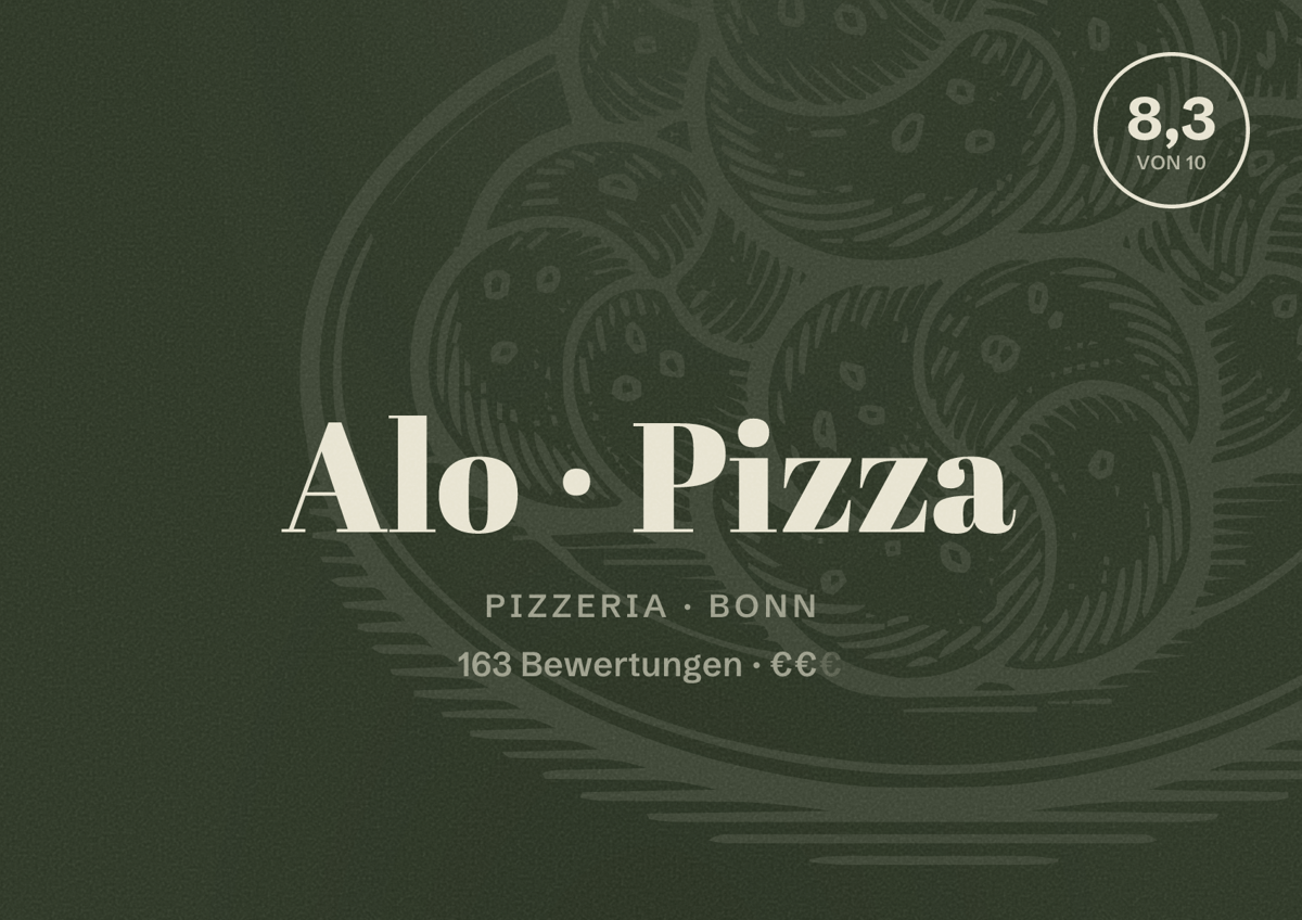 Illustriertes Poster von Alo Pizza, Pizzeria in Bonn: Bewertung 8,3 von 10 aus 163 Bewertungen, Preisniveau €€