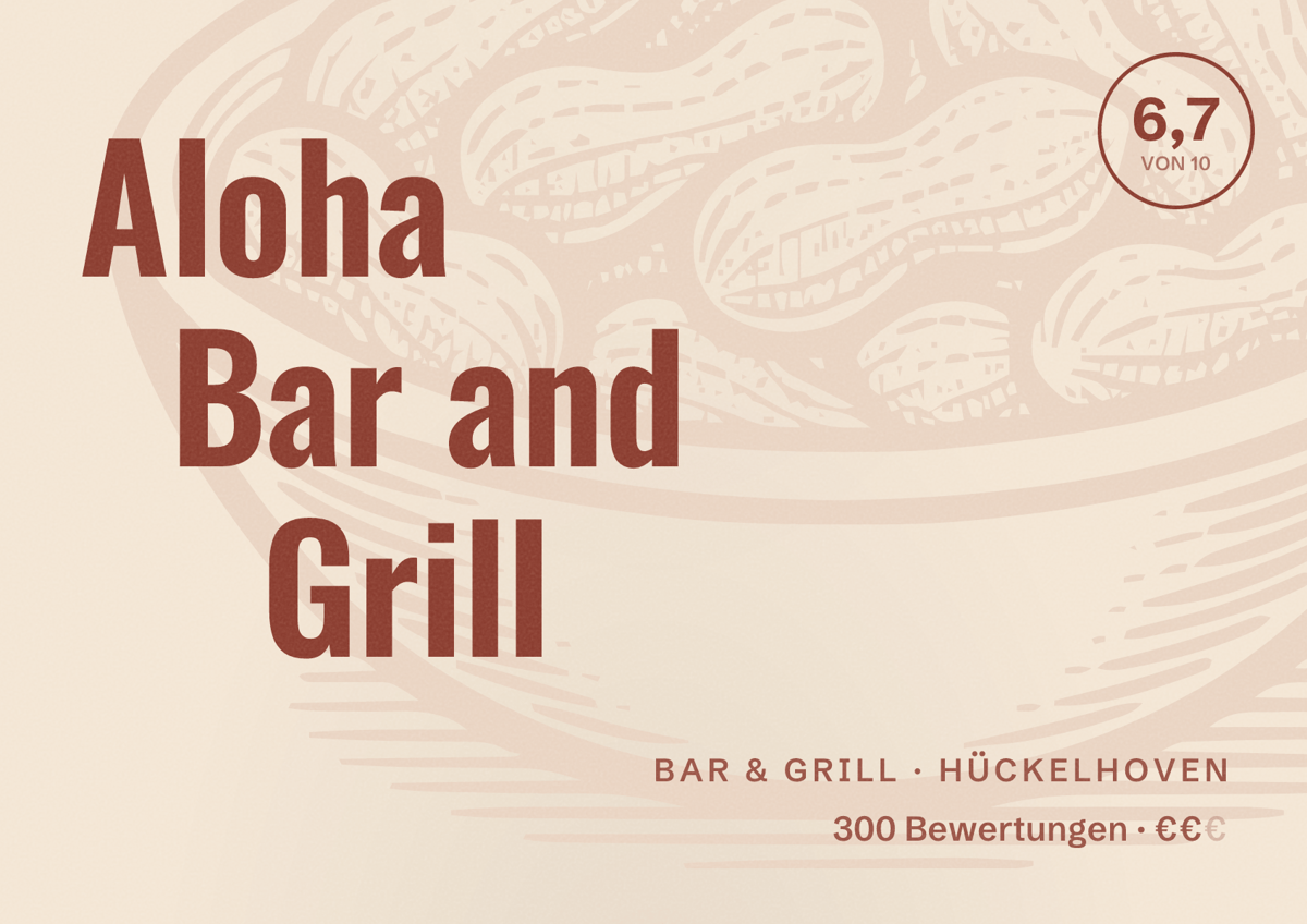Illustriertes Poster von Aloha Bar and Grill, Bar & Grill in Hückelhoven: Bewertung 6,7 von 10 aus 300 Bewertungen, Preisniveau €€