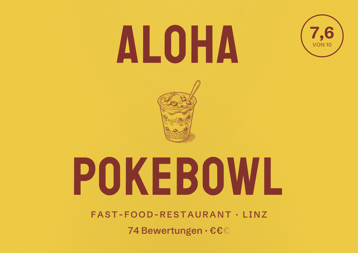 Illustriertes Poster von Aloha Pokebowl, Fast-Food-Restaurant in Linz: Bewertung 7,6 von 10 aus 74 Bewertungen, Preisniveau €€