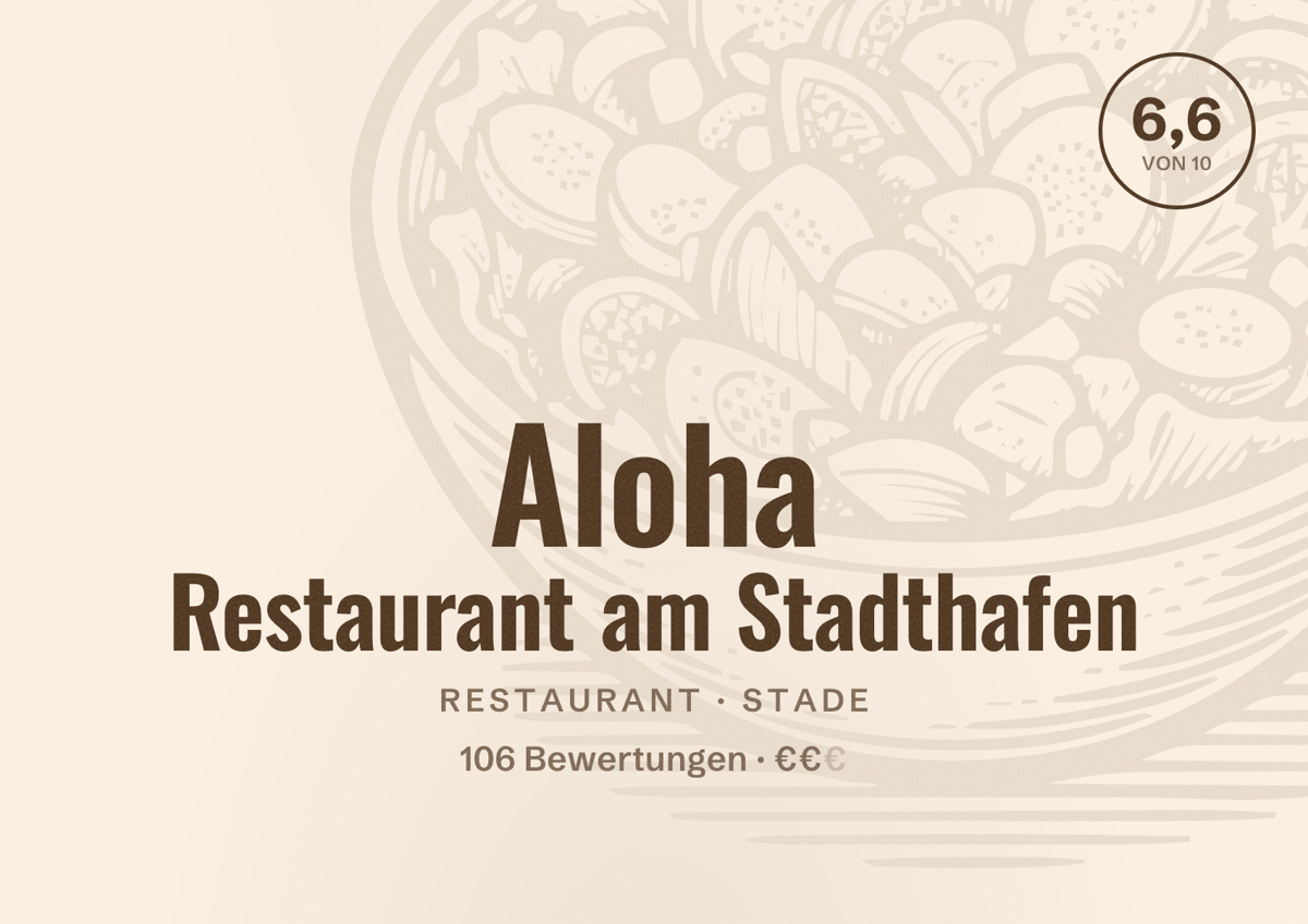 Illustriertes Poster von Aloha Restaurant am Stadthafen, Restaurant in Stade: Bewertung 6,6 von 10 aus 106 Bewertungen, Preisniveau €€