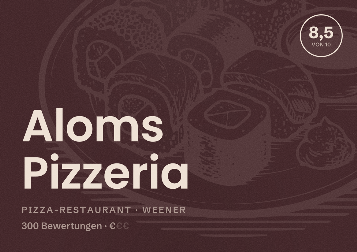 Illustriertes Poster von Aloms Pizzeria, Pizza-Restaurant in Weener: Bewertung 8,5 von 10 aus 300 Bewertungen, Preisniveau €
