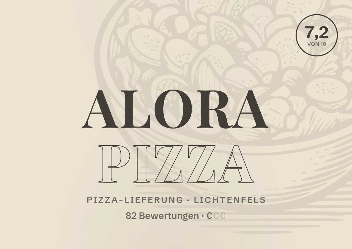 Illustriertes Poster von Alora Pizza, Pizza-Lieferung in Lichtenfels: Bewertung 7,2 von 10 aus 82 Bewertungen, Preisniveau €