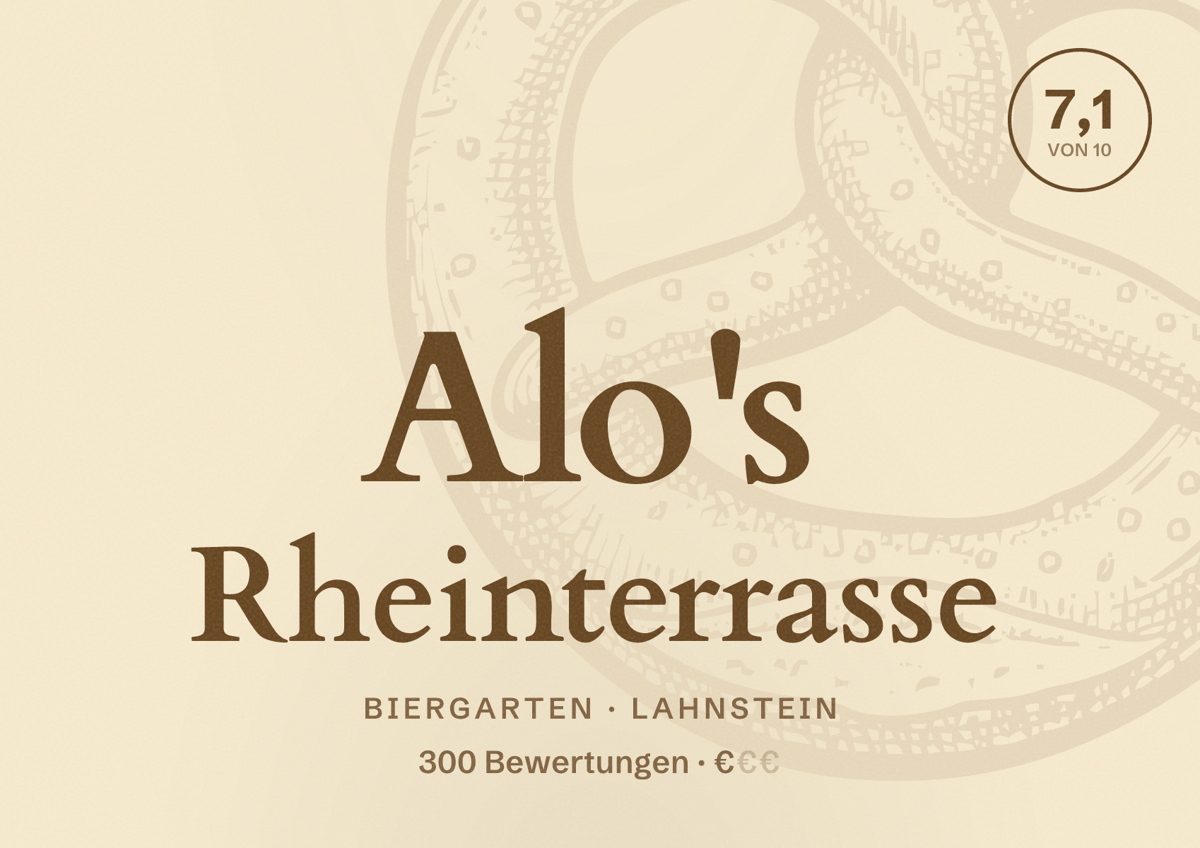 Illustriertes Poster von Alo's Rheinterrasse, Biergarten in Lahnstein: Bewertung 7,1 von 10 aus 300 Bewertungen, Preisniveau €