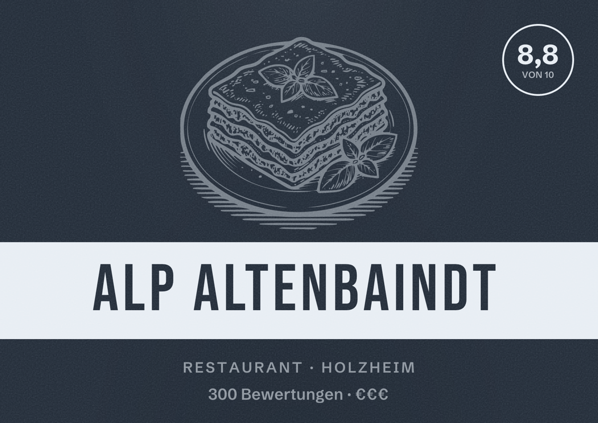Illustriertes Poster von Alp Altenbaindt, Restaurant in Holzheim: Bewertung 8,8 von 10 aus 300 Bewertungen, Preisniveau €€€