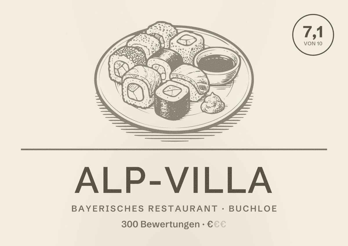 Illustriertes Poster von Alp-villa, Bayerisches Restaurant in Buchloe: Bewertung 7,1 von 10 aus 300 Bewertungen, Preisniveau €