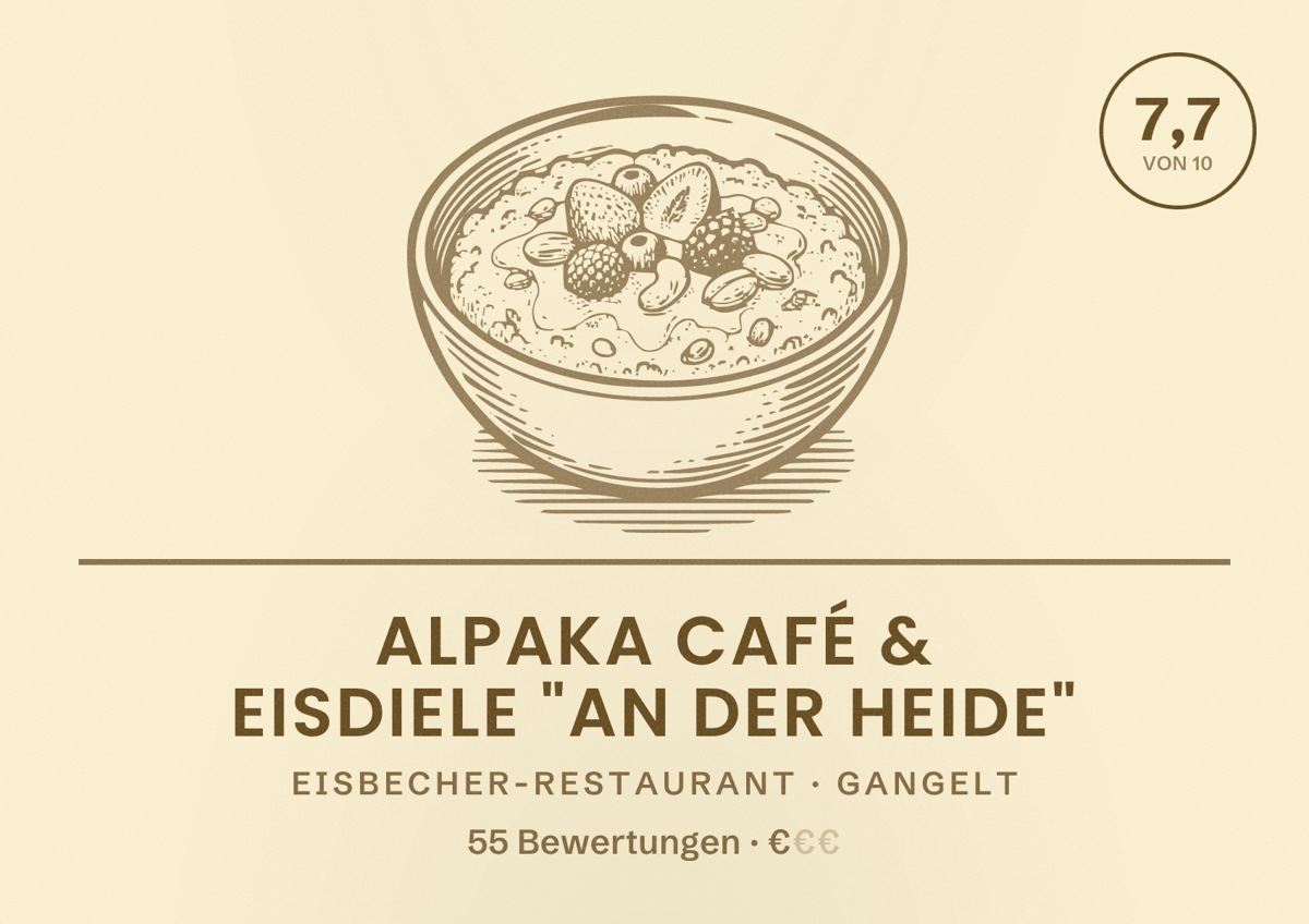 Illustriertes Poster von Alpaka Café & Eisdiele "An der Heide", Eisbecher-Restaurant in Gangelt: Bewertung 7,7 von 10 aus 55 Bewertungen, Preisniveau €