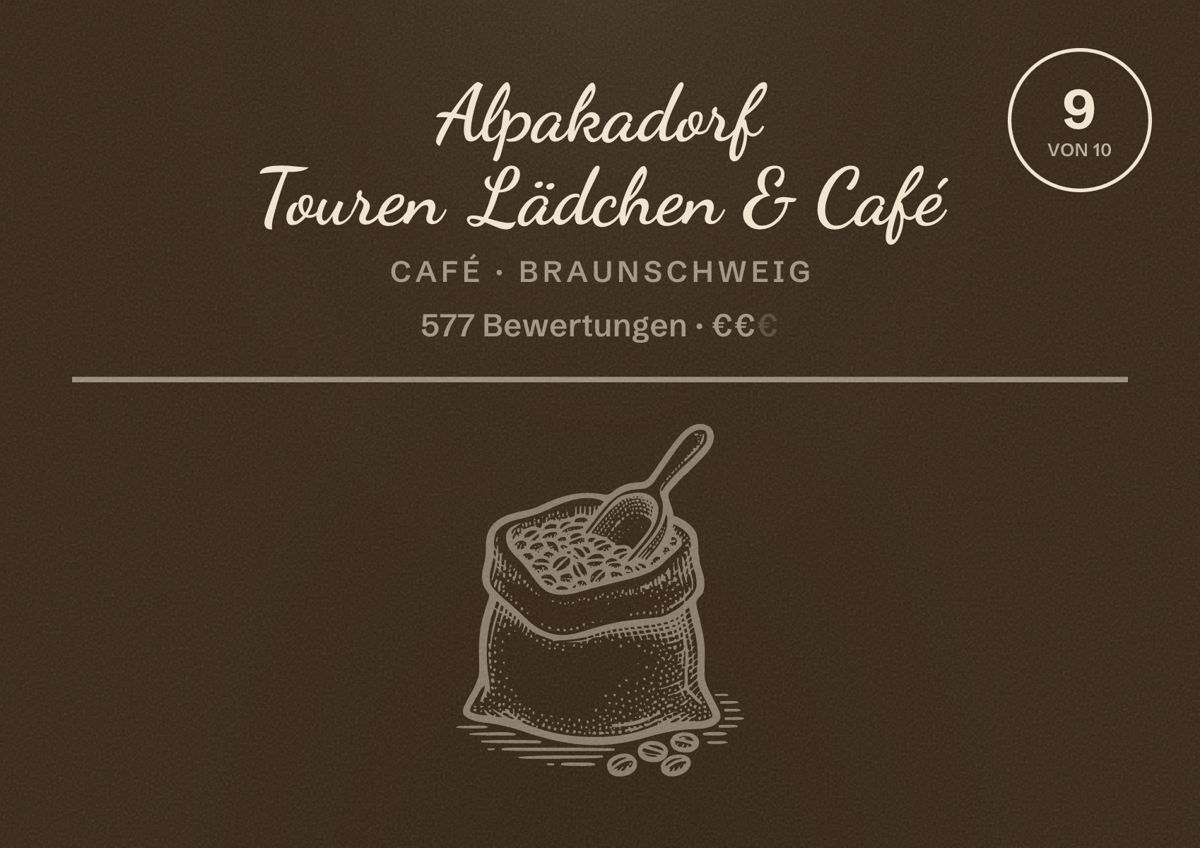 Illustriertes Poster von Alpakadorf Touren Lädchen & Café, Café in Braunschweig: Bewertung 9,0 von 10 aus 577 Bewertungen, Preisniveau €€
