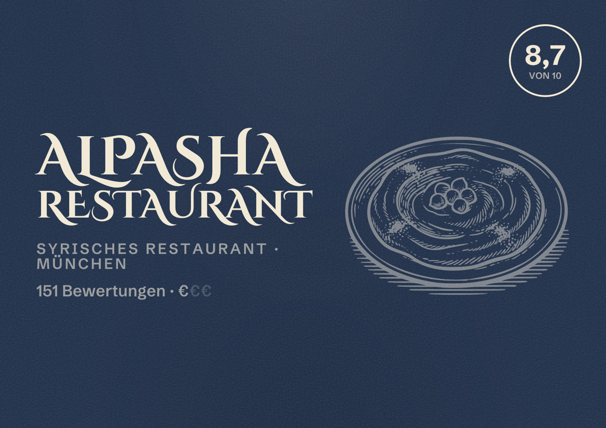 Illustriertes Poster von Alpasha Restaurant, Syrisches Restaurant in München: Bewertung 8,7 von 10 aus 151 Bewertungen, Preisniveau €