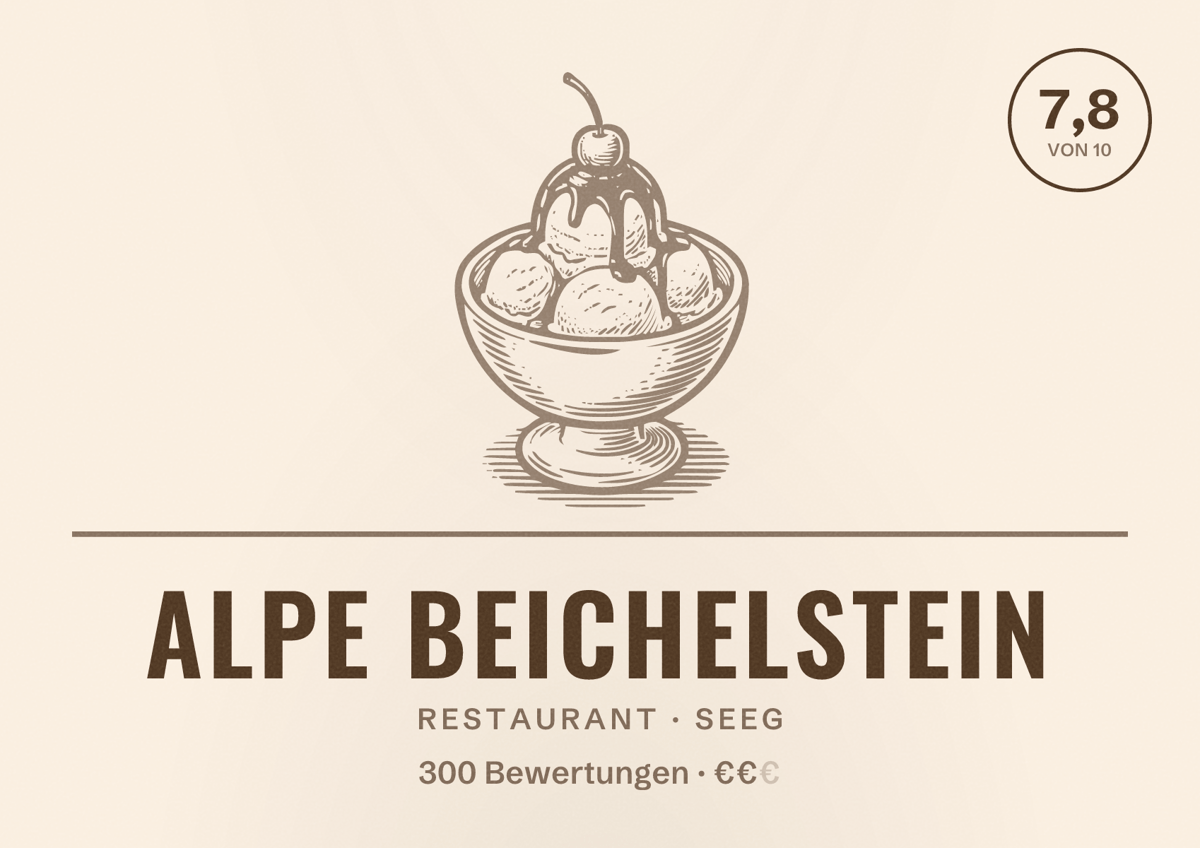 Illustriertes Poster von Alpe Beichelstein, Restaurant in Seeg: Bewertung 7,8 von 10 aus 300 Bewertungen, Preisniveau €€