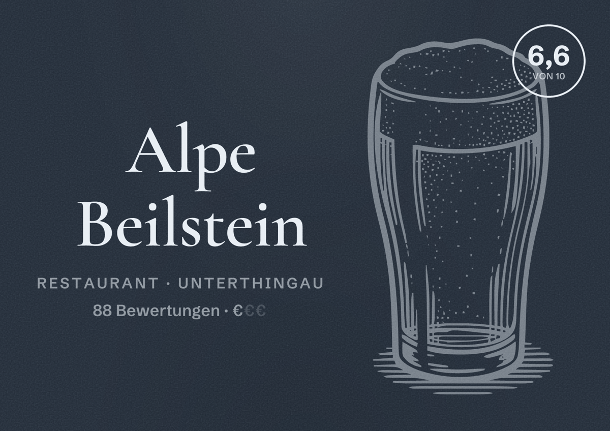 Illustriertes Poster von Alpe Beilstein, Restaurant in Unterthingau: Bewertung 6,6 von 10 aus 88 Bewertungen, Preisniveau €