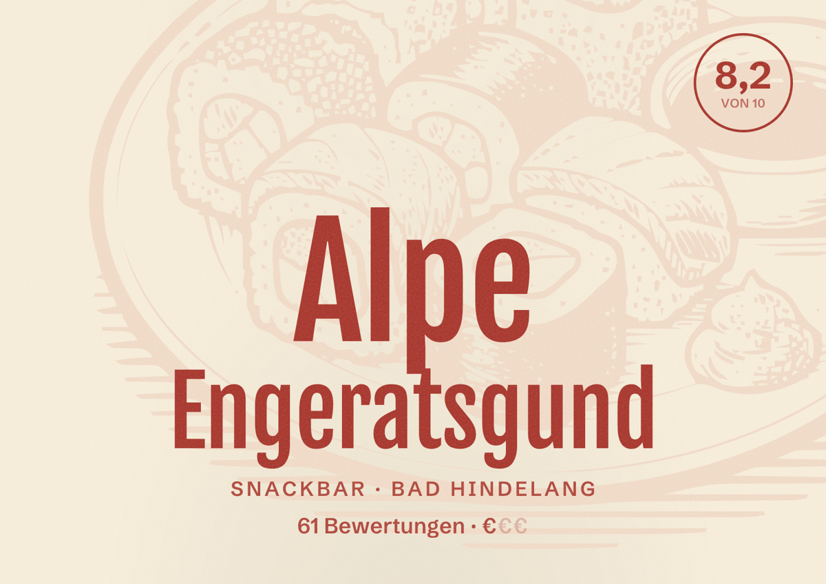 Illustriertes Poster von Alpe Engeratsgund, Snackbar in Bad Hindelang: Bewertung 8,2 von 10 aus 61 Bewertungen, Preisniveau €