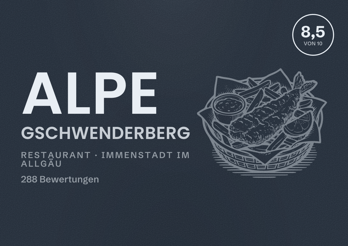 Illustriertes Poster von Alpe Gschwenderberg, Restaurant in Immenstadt im Allgäu: Bewertung 8,5 von 10 aus 288 Bewertungen