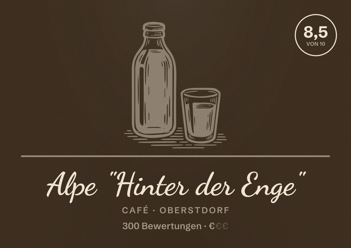 Illustriertes Poster von Alpe "Hinter der Enge", Café in Oberstdorf: Bewertung 8,5 von 10 aus 300 Bewertungen, Preisniveau €