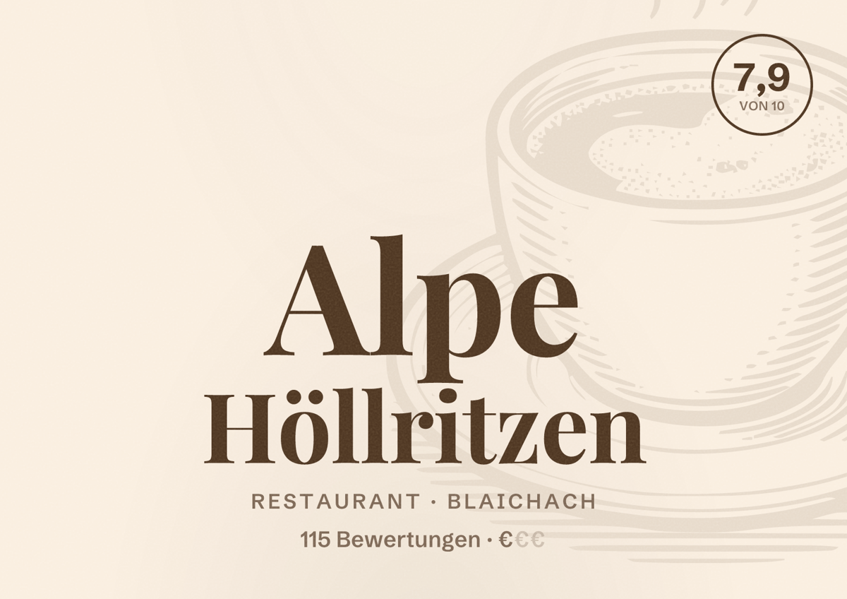 Illustriertes Poster von Alpe Höllritzen, Restaurant in Blaichach: Bewertung 7,9 von 10 aus 115 Bewertungen, Preisniveau €