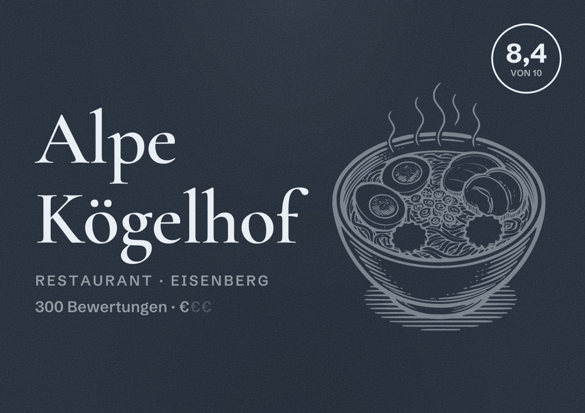Illustriertes Poster von Alpe Kögelhof, Restaurant in Eisenberg: Bewertung 8,4 von 10 aus 300 Bewertungen, Preisniveau €