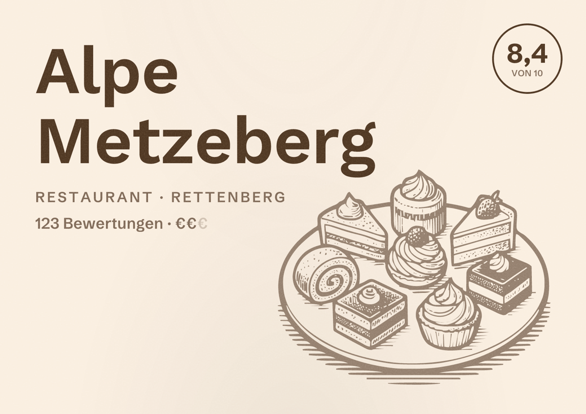 Illustriertes Poster von Alpe Metzeberg, Restaurant in Rettenberg: Bewertung 8,4 von 10 aus 123 Bewertungen, Preisniveau €€