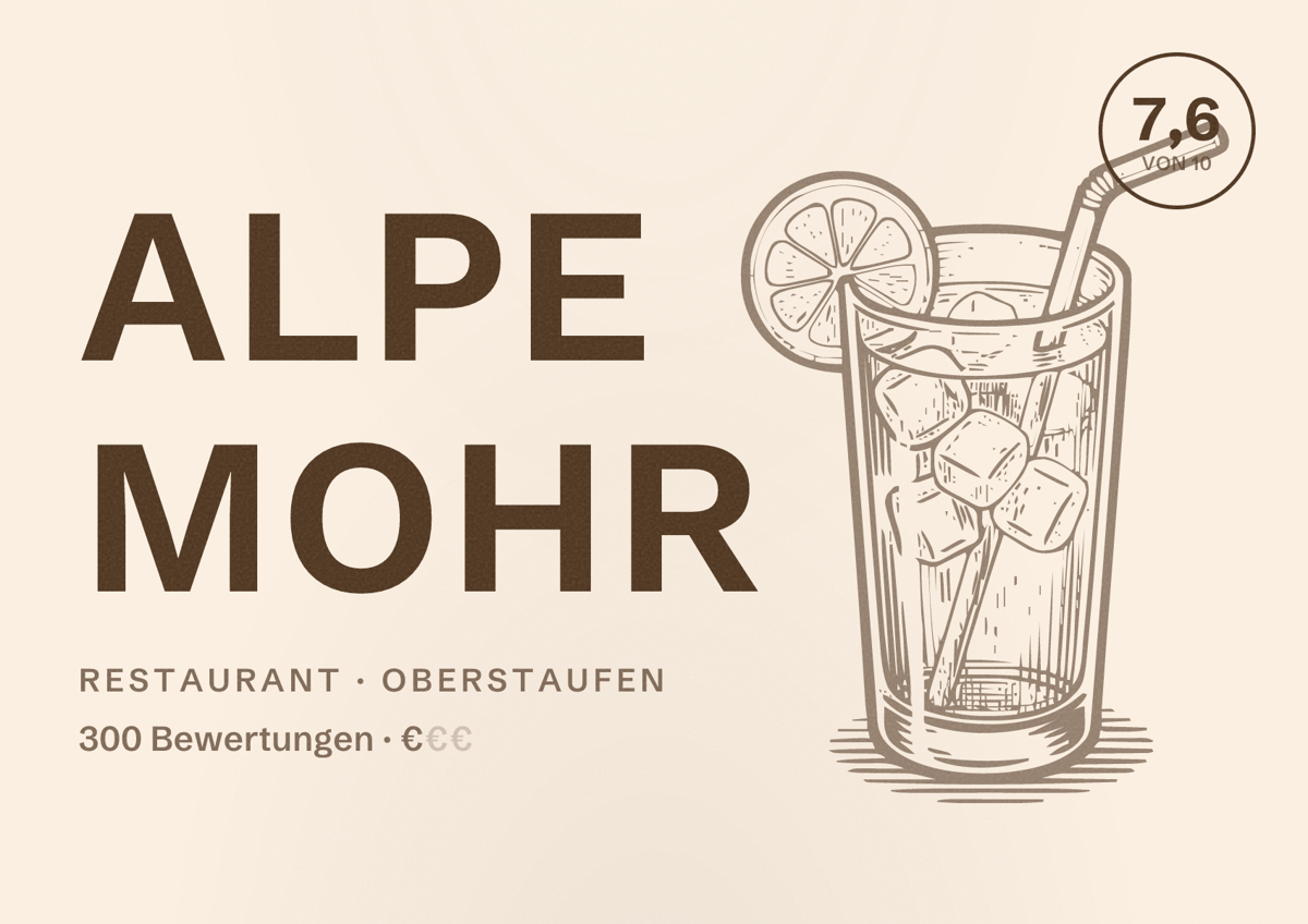 Illustriertes Poster von Alpe Mohr, Restaurant in Oberstaufen: Bewertung 7,6 von 10 aus 300 Bewertungen, Preisniveau €