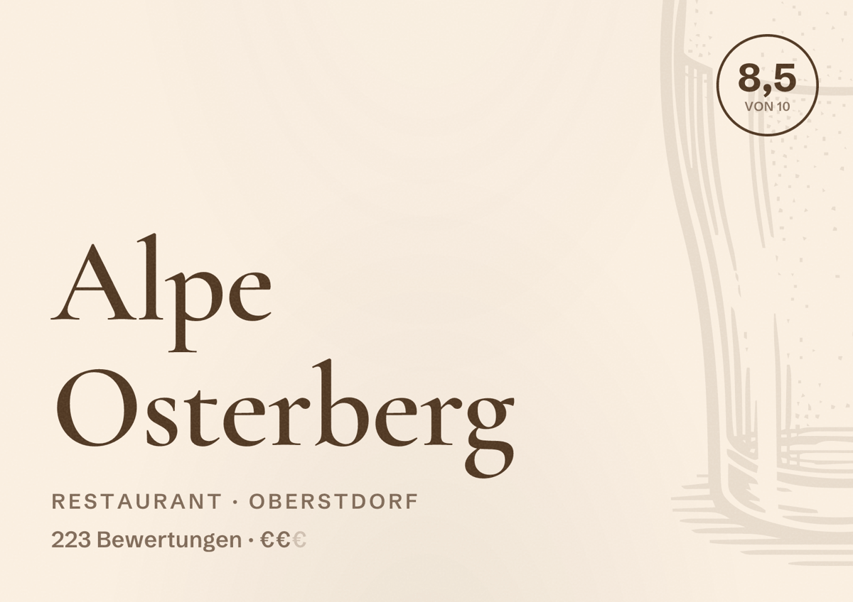 Illustriertes Poster von Alpe Osterberg, Restaurant in Oberstdorf: Bewertung 8,5 von 10 aus 223 Bewertungen, Preisniveau €€
