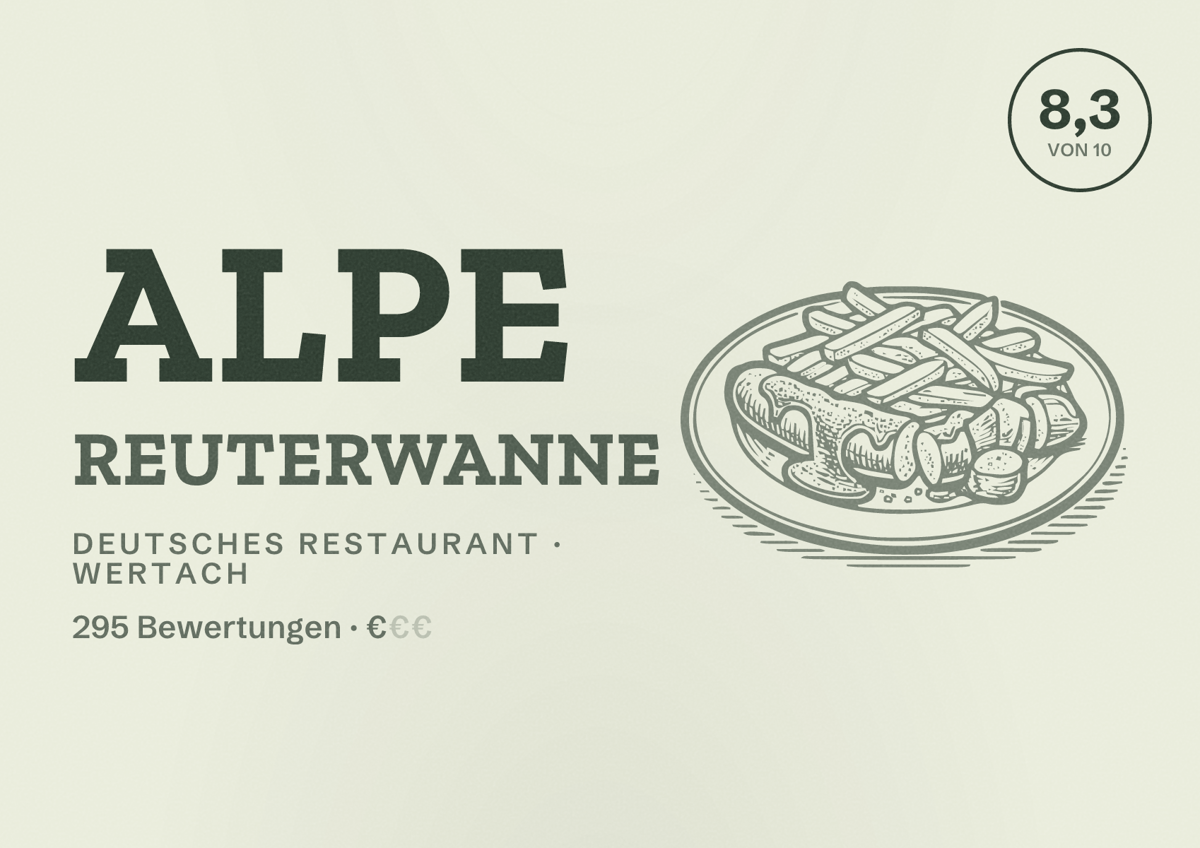 Illustriertes Poster von Alpe Reuterwanne, Deutsches Restaurant in Wertach: Bewertung 8,3 von 10 aus 295 Bewertungen, Preisniveau €