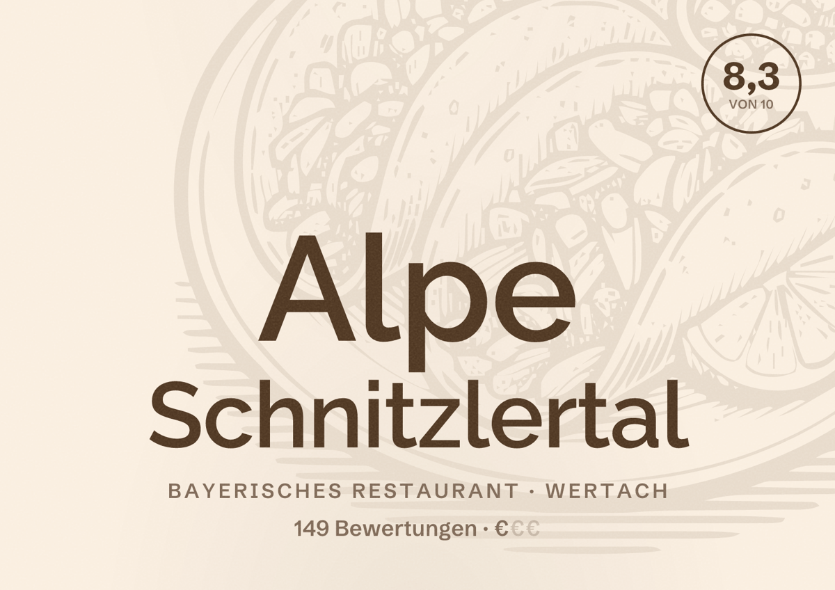 Illustriertes Poster von Alpe Schnitzlertal, Bayerisches Restaurant in Wertach: Bewertung 8,3 von 10 aus 149 Bewertungen, Preisniveau €