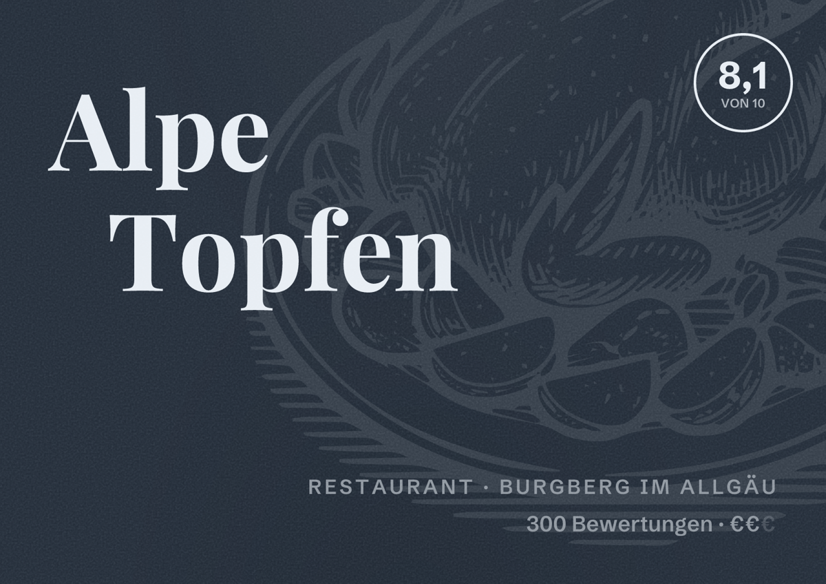 Illustriertes Poster von Alpe Topfen, Restaurant in Burgberg im Allgäu: Bewertung 8,1 von 10 aus 300 Bewertungen, Preisniveau €€