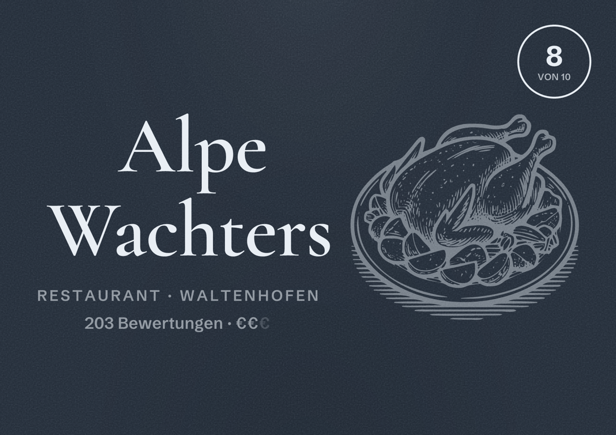 Illustriertes Poster von Alpe Wachters, Restaurant in Waltenhofen: Bewertung 8 von 10 aus 203 Bewertungen, Preisniveau €€
