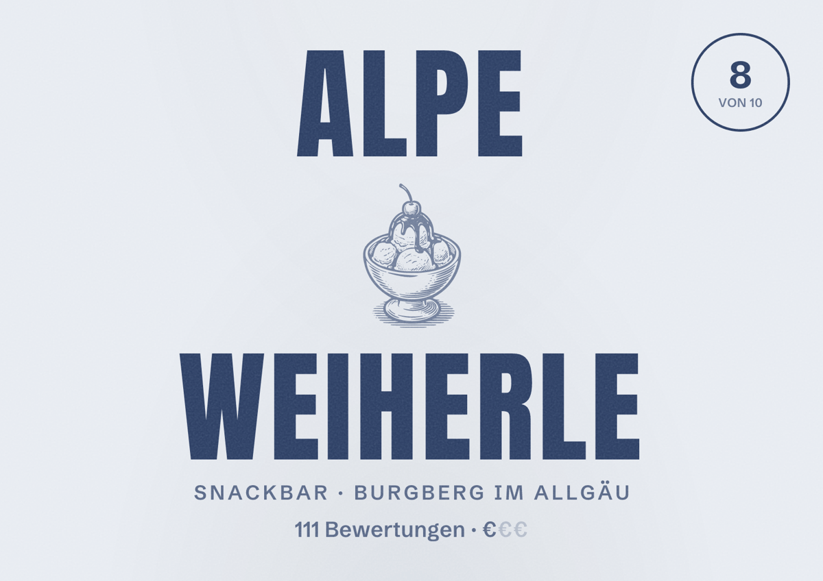 Illustriertes Poster von Alpe Weiherle, Snackbar in Burgberg im Allgäu: Bewertung 8 von 10 aus 111 Bewertungen, Preisniveau €