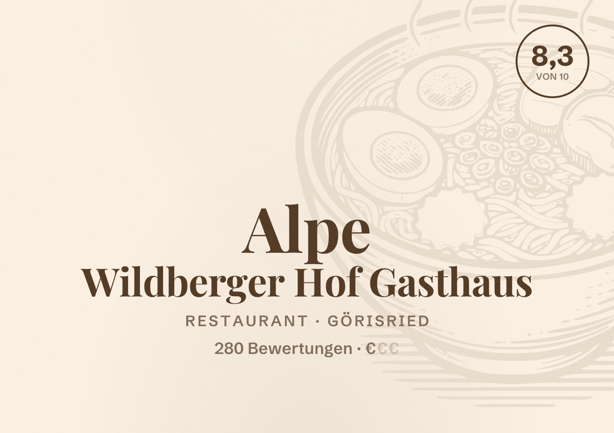 Illustriertes Poster von Alpe Wildberger Hof Gasthaus, Restaurant in Görisried: Bewertung 8,3 von 10 aus 280 Bewertungen, Preisniveau €