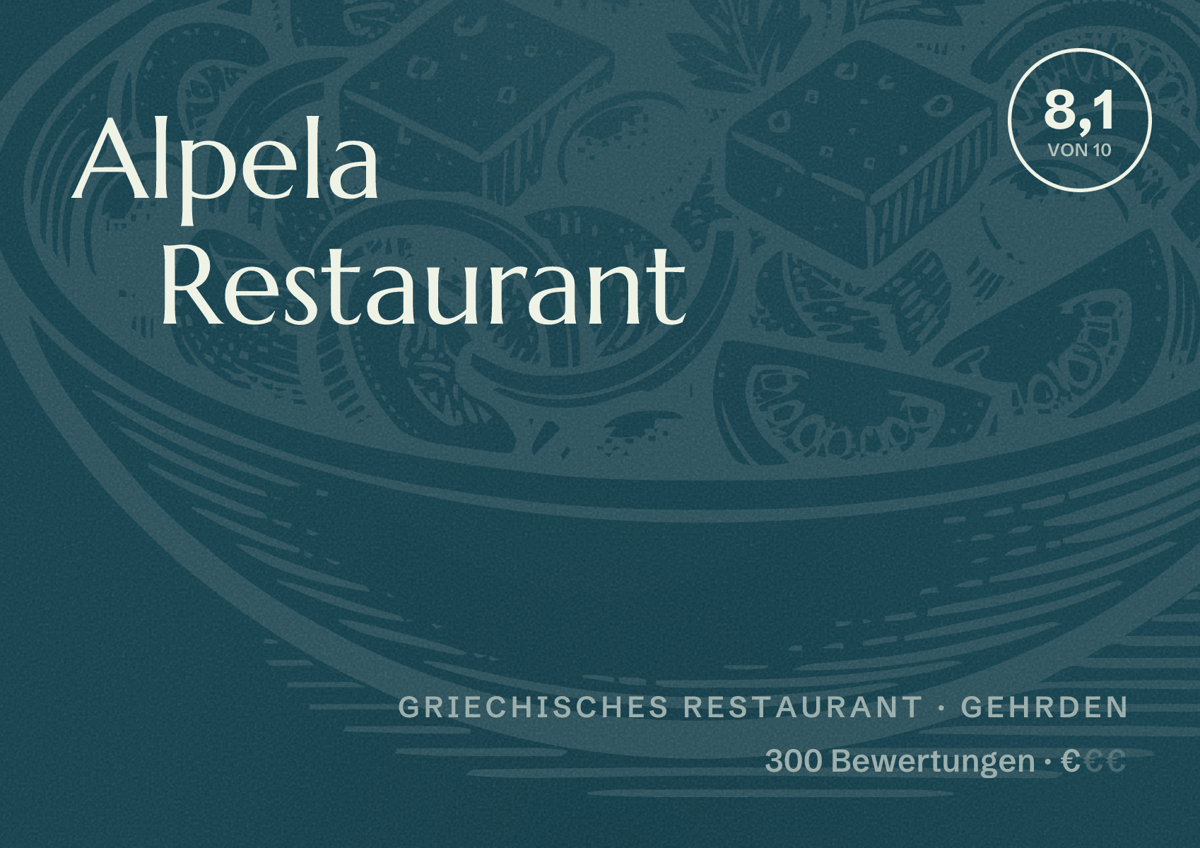 Illustriertes Poster von Alpela Restaurant, Griechisches Restaurant in Gehrden: Bewertung 8,1 von 10 aus 300 Bewertungen, Preisniveau €
