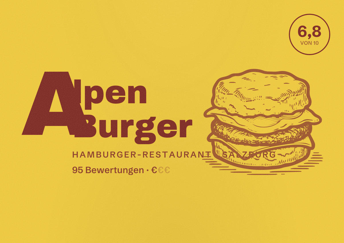 Illustriertes Poster von Alpen Burger, Hamburger-Restaurant in Salzburg: Bewertung 6,8 von 10 aus 95 Bewertungen, Preisniveau €
