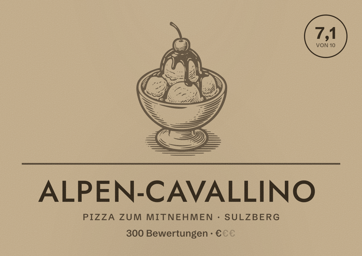 Illustriertes Poster von Alpen-Cavallino, Pizza zum Mitnehmen in Sulzberg: Bewertung 7,1 von 10 aus 300 Bewertungen, Preisniveau €