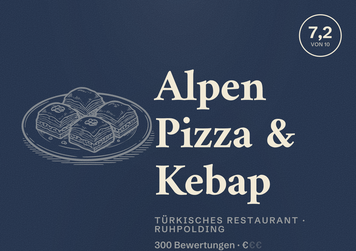 Illustriertes Poster von Alpen Pizza & Kebap, Türkisches Restaurant in Ruhpolding: Bewertung 7,2 von 10 aus 300 Bewertungen, Preisniveau €