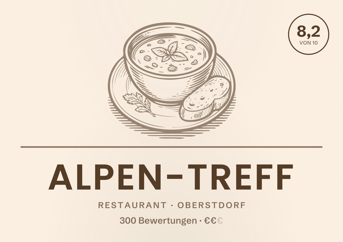 Illustriertes Poster von Alpen-Treff, Restaurant in Oberstdorf: Bewertung 8,2 von 10 aus 300 Bewertungen, Preisniveau €€