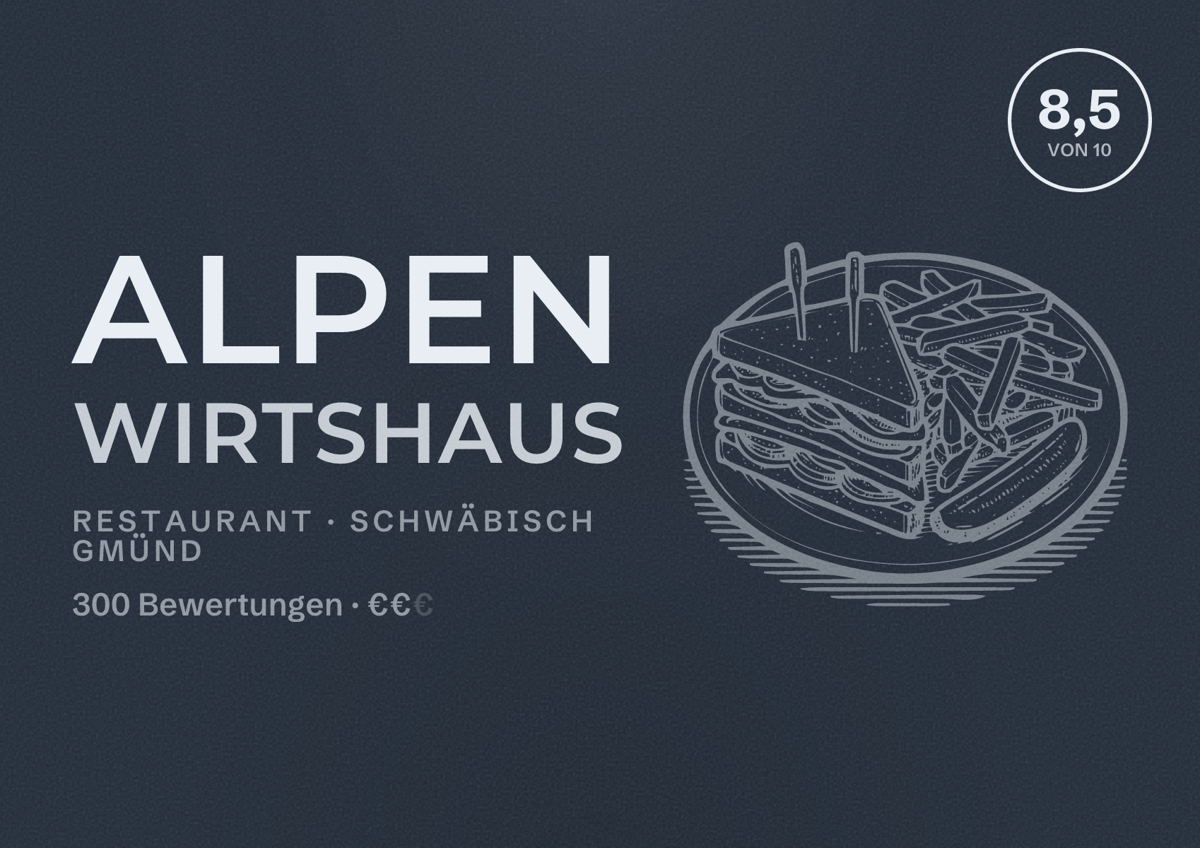 Illustriertes Poster von Alpen Wirtshaus, Restaurant in Schwäbisch Gmünd: Bewertung 8,5 von 10 aus 300 Bewertungen, Preisniveau €€