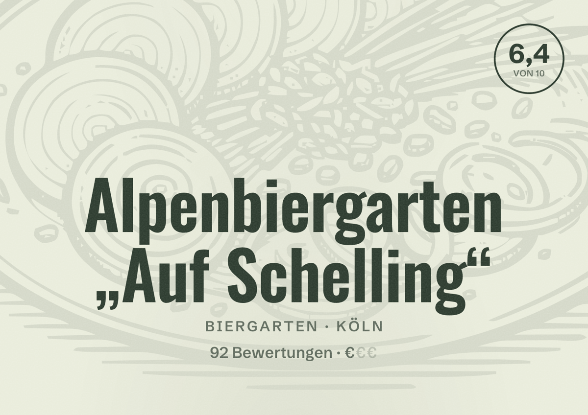 Illustriertes Poster von Alpenbiergarten „Auf Schelling“, Biergarten in Köln: Bewertung 6,4 von 10 aus 92 Bewertungen, Preisniveau €
