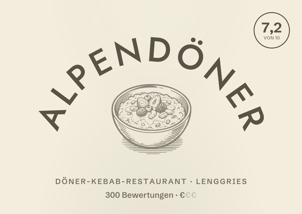 Illustriertes Poster von Alpendöner, Döner-Kebab-Restaurant in Lenggries: Bewertung 7,2 von 10 aus 300 Bewertungen, Preisniveau €