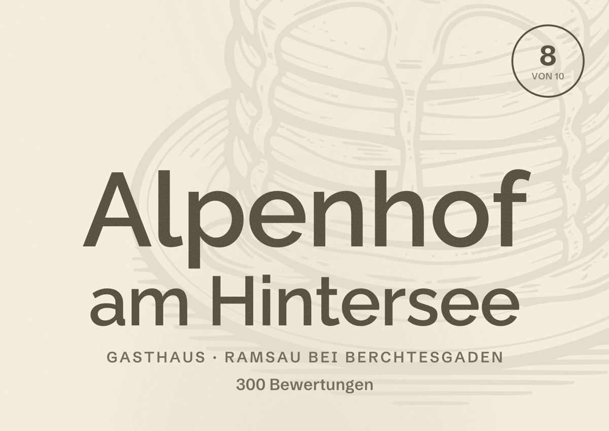 Illustriertes Poster von Alpenhof am Hintersee, Gasthaus in Ramsau bei Berchtesgaden: Bewertung 8 von 10 aus 300 Bewertungen